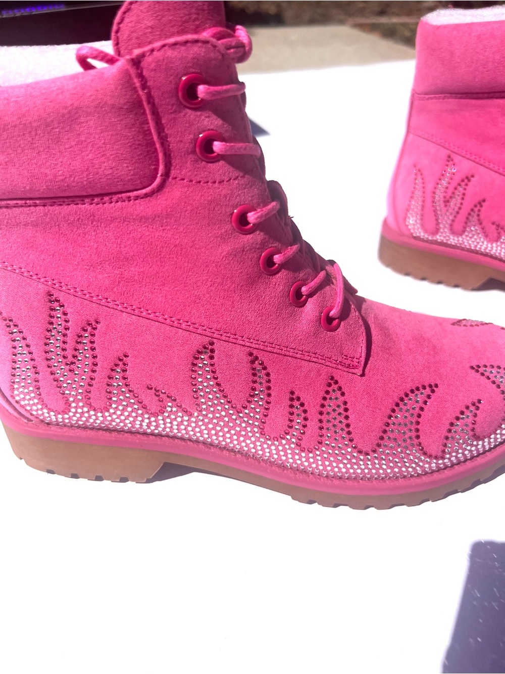 Rhinestone Fire Flame Pink Suede-Like Combat Boots. Embellished Sparkly Flames